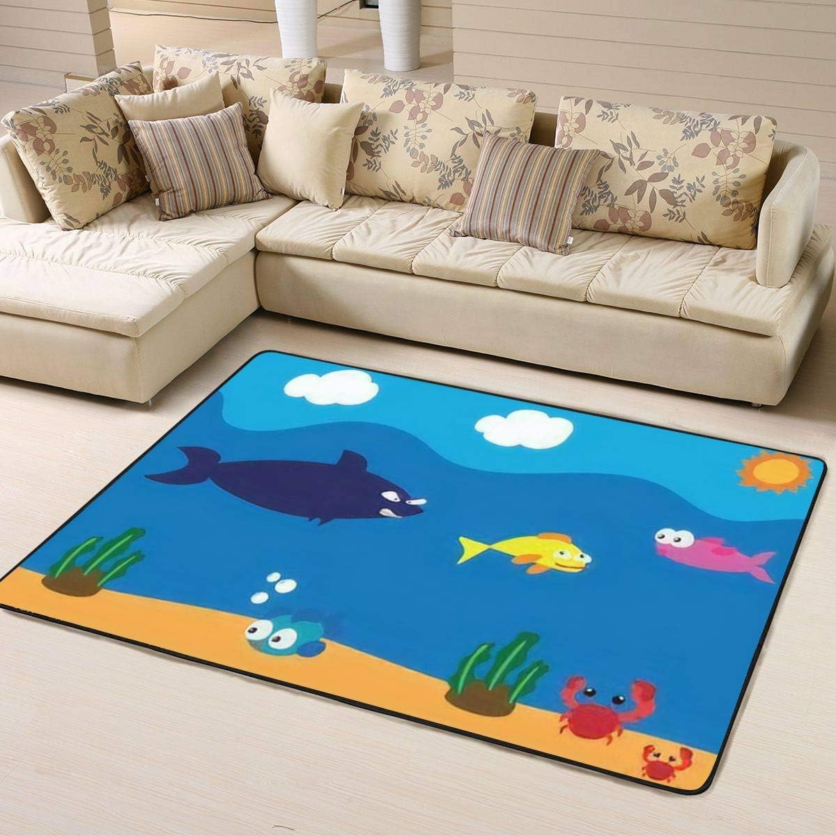 Fully modifiable Collage with Marine Theme Funny Fish, Shark and Crab Non-Slip Floor Mat Home Area Rugs Doormats Indoor Outdoor Runner Rug Carpet for Bedroom Nursery Throw Rugs Pad Yoga Movie Mat