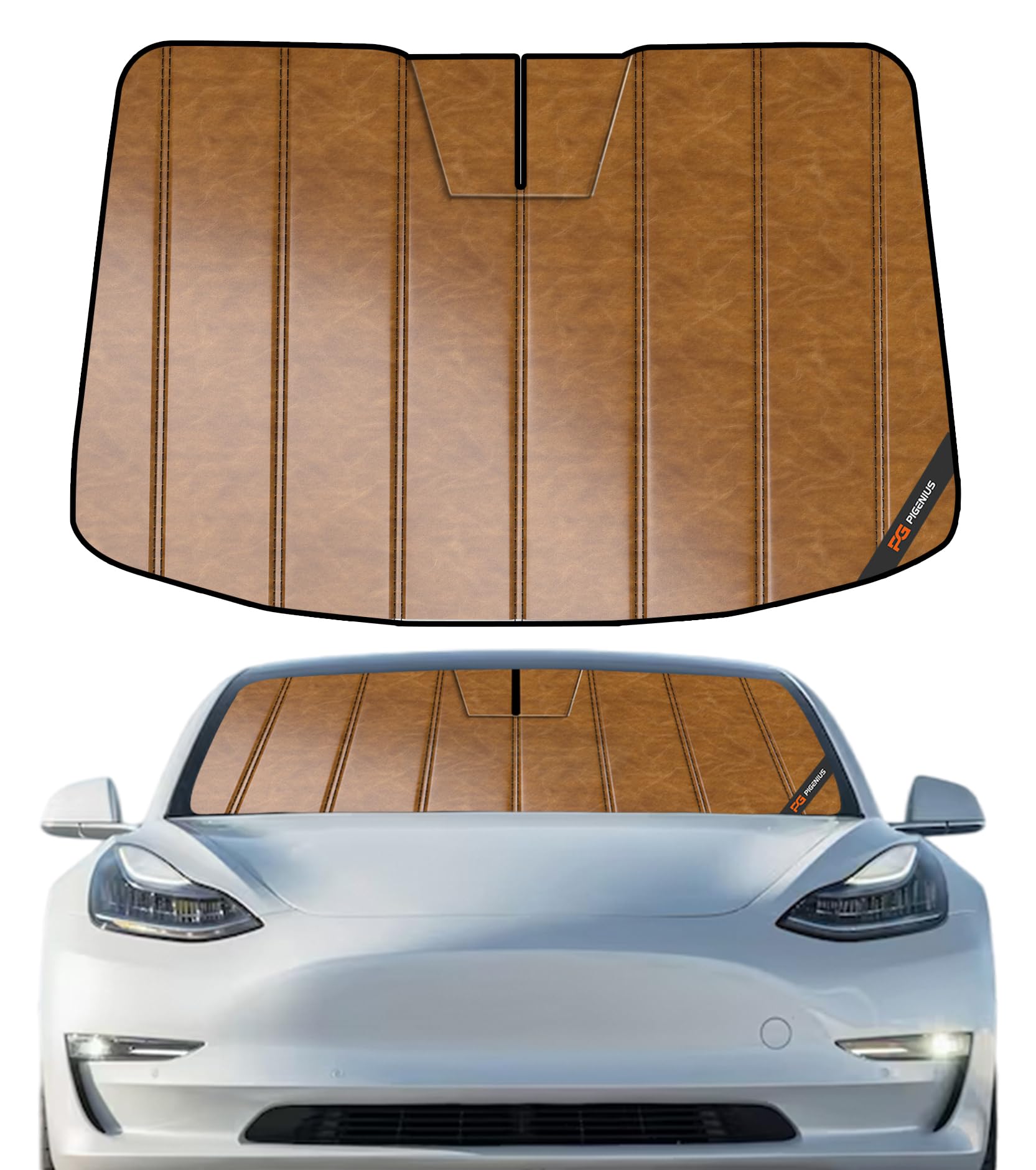 Photo 1 of Pigenius Windshield Sun Shade for Tesla Model 3 2018-2025, Model Y 2020-2025 Front Window Sunshade - Leather