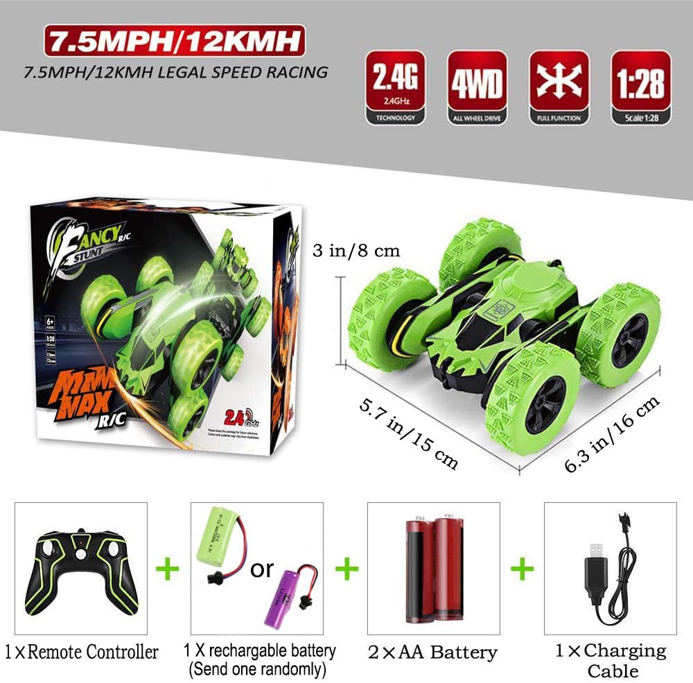 Joyjam RC Stunt Car Toys for 6-12 Year Old Boys 4WD Off Road Truck 2.4Ghz Rechargeable Remote Control Car Double Sided 360 Degree Rotating Green Christmas Birthday Gifts for Kids: Toys & Games