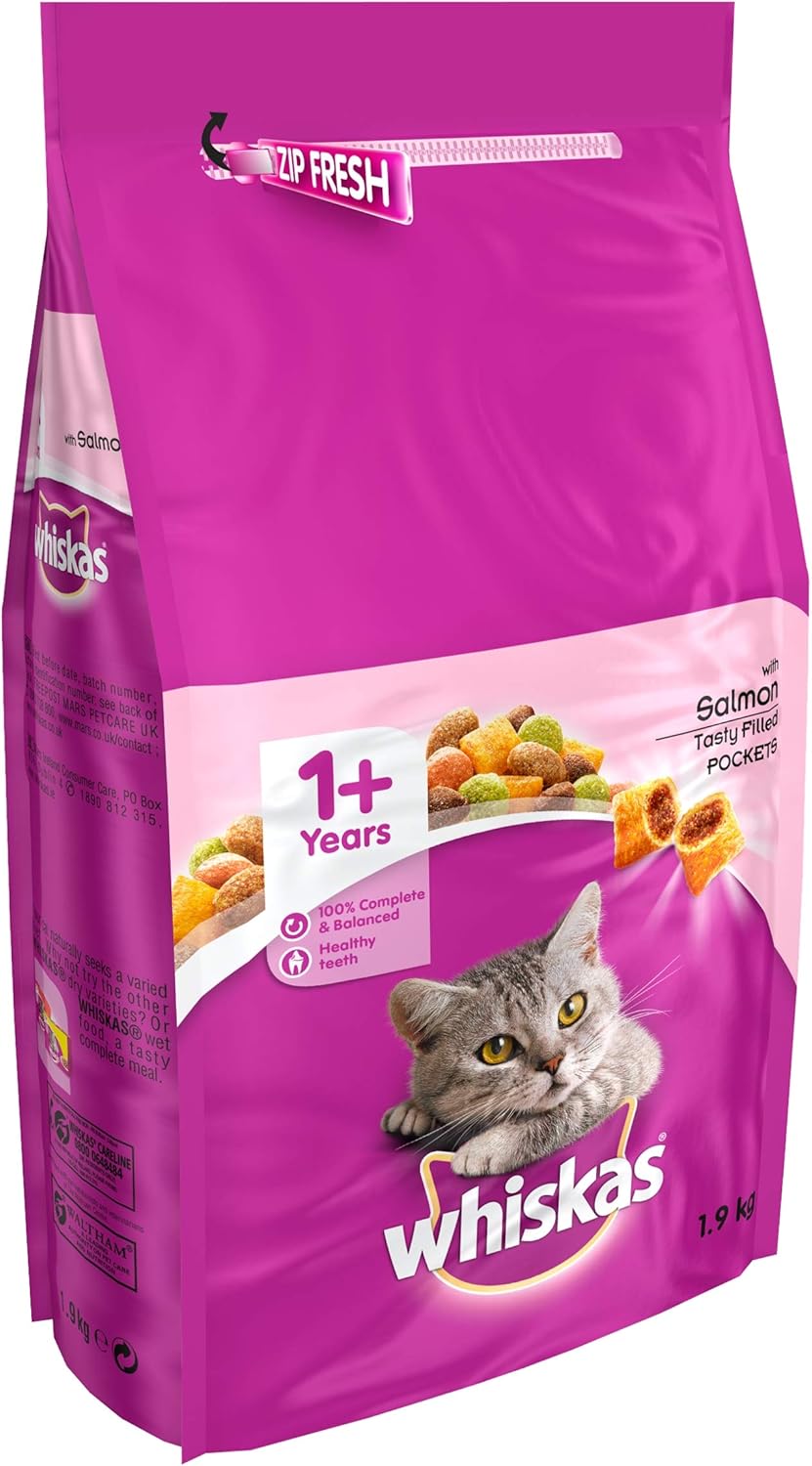 Whiskas 1+ - Dry Cat Food - for Adult Cats - with Salmon - 6 x 1.9 kg, 1.9 kg (Pack of 6) - Image 3