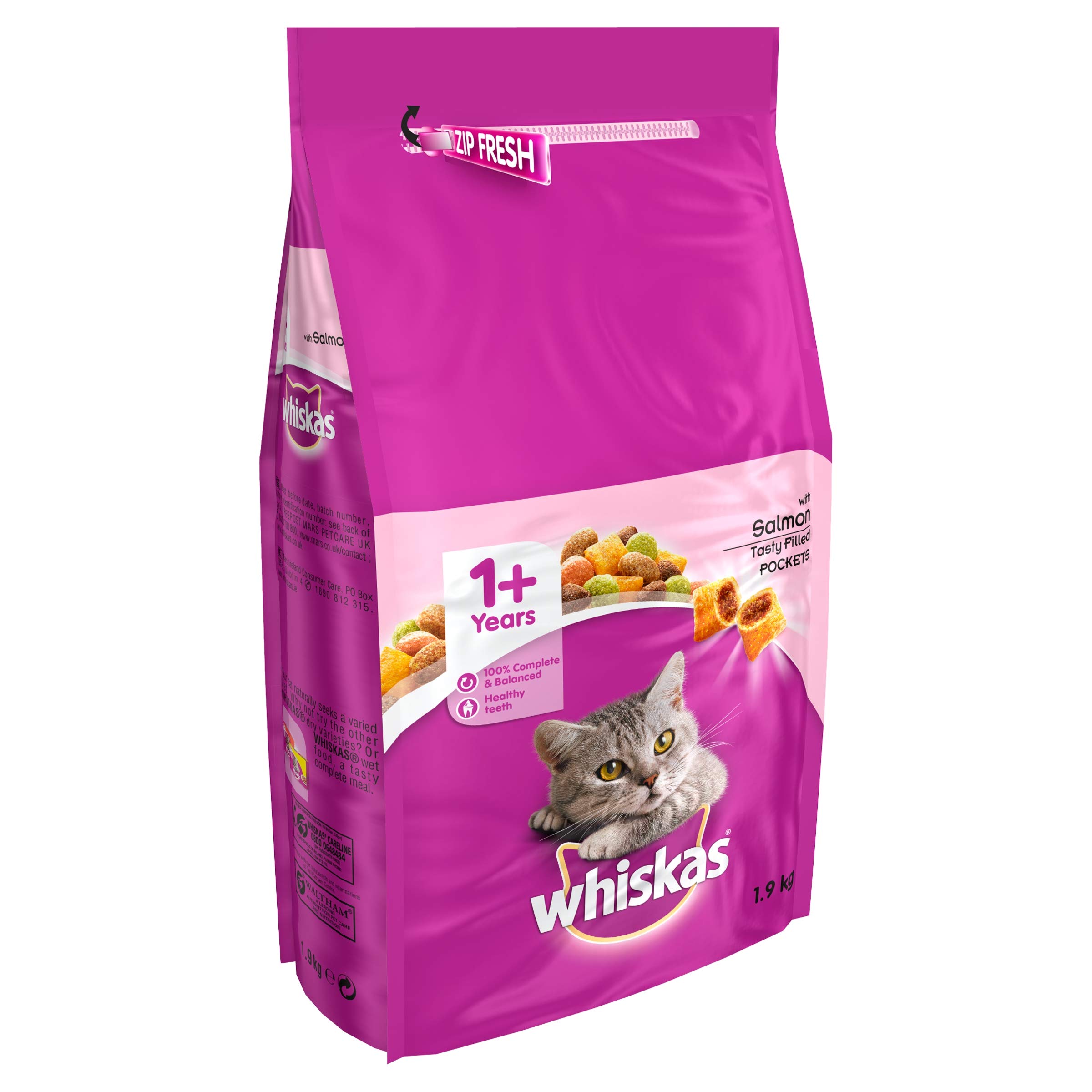 Whiskas 1+ - Dry Cat Food - for Adult Cats - with Salmon - 6 x 1.9 kg