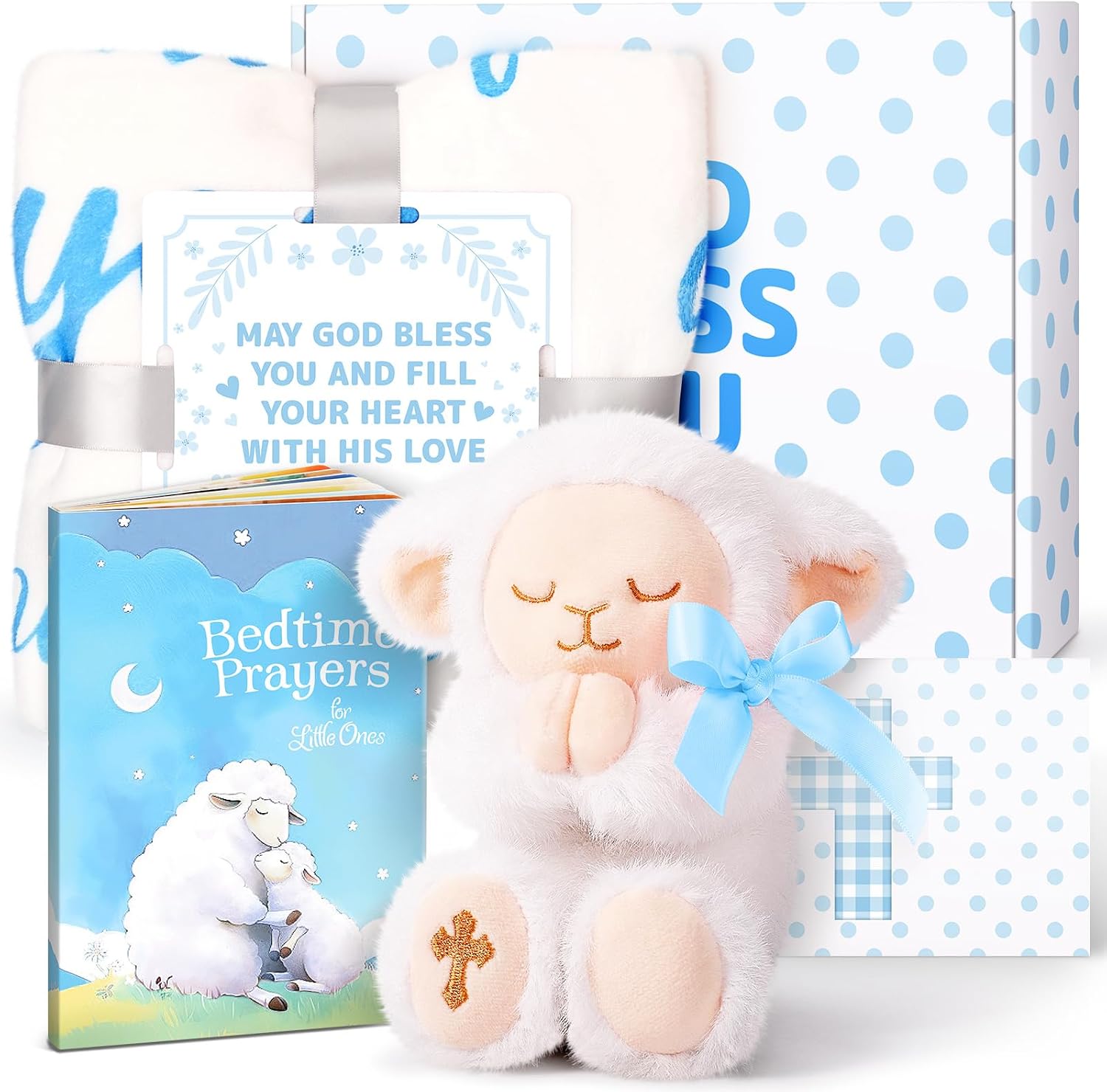 Baptism Gifts for Boys – Catholic Christening Gift Set for Baby Boys, Baptismal Gift with Plush Lamb, Bracelet & Pouch, Story Book, Baptism Blanket, Spiritual Dedication Present for Goddaughter Godson