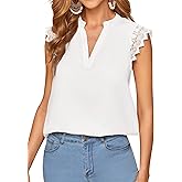 LYANER Women's Elegant Notch V Neck Lace Trim Cap Sleeve Blouse Shirt Sleeveless Top
