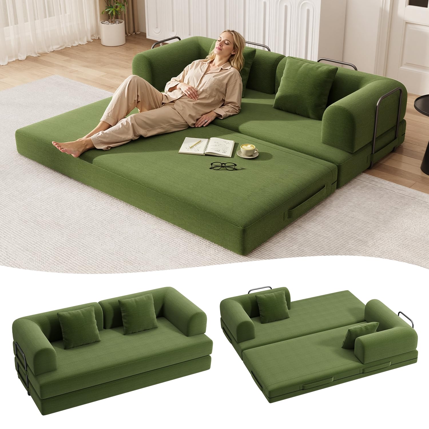 Ahomly 78.8'' Convertible Sofa Bed,5-in-1 Boneless Couch with Removable Armrests,Folding Futon Sofa Bed Includes 2 Pillows,Comfy Pull Out Couch for Living Room,No Assembly Required,Green