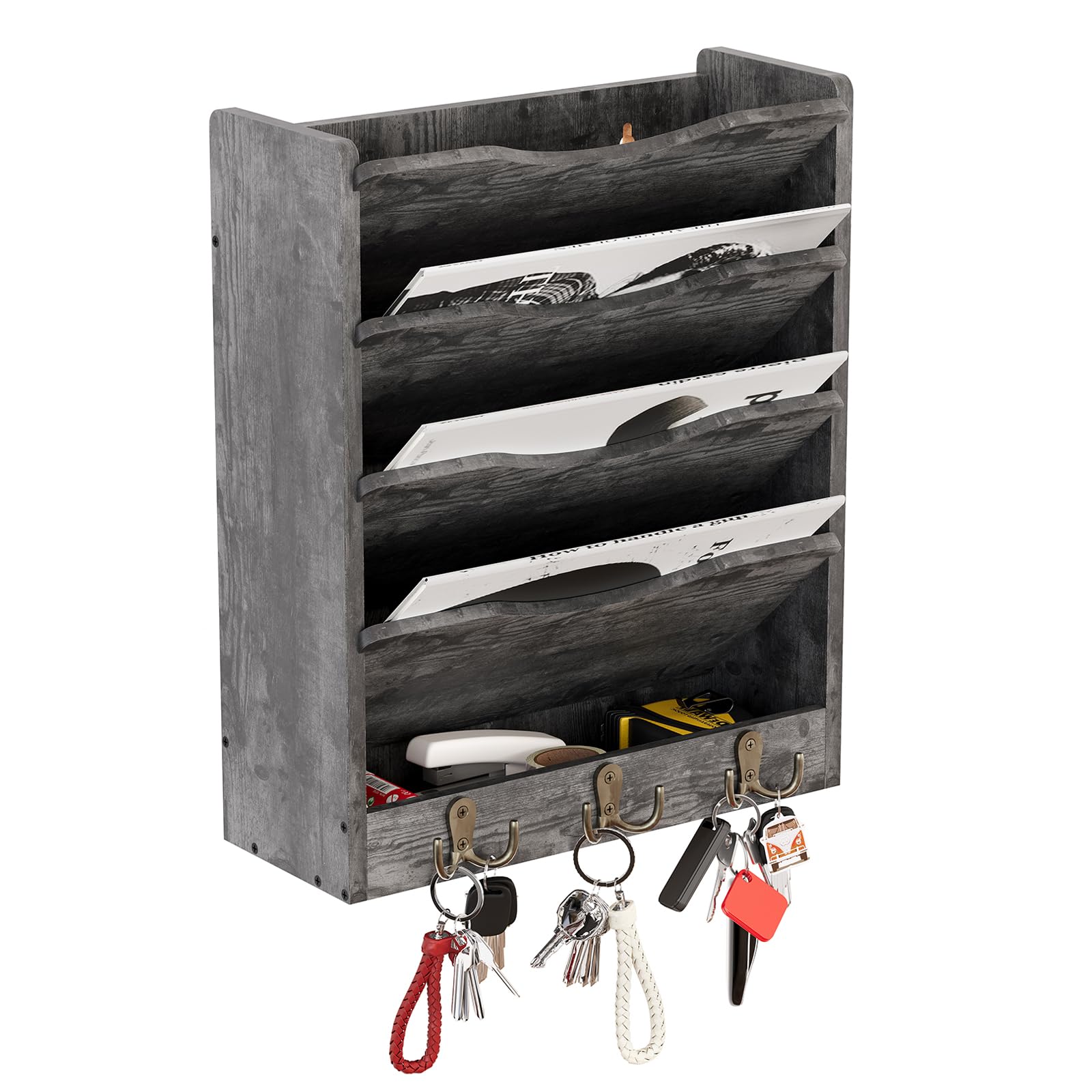 Senhoglb 5 Tier Hanging Wall File Holders Letter Size Wall File Organizer Wood Mail Organizer with 6 Hooks, Dark Gray