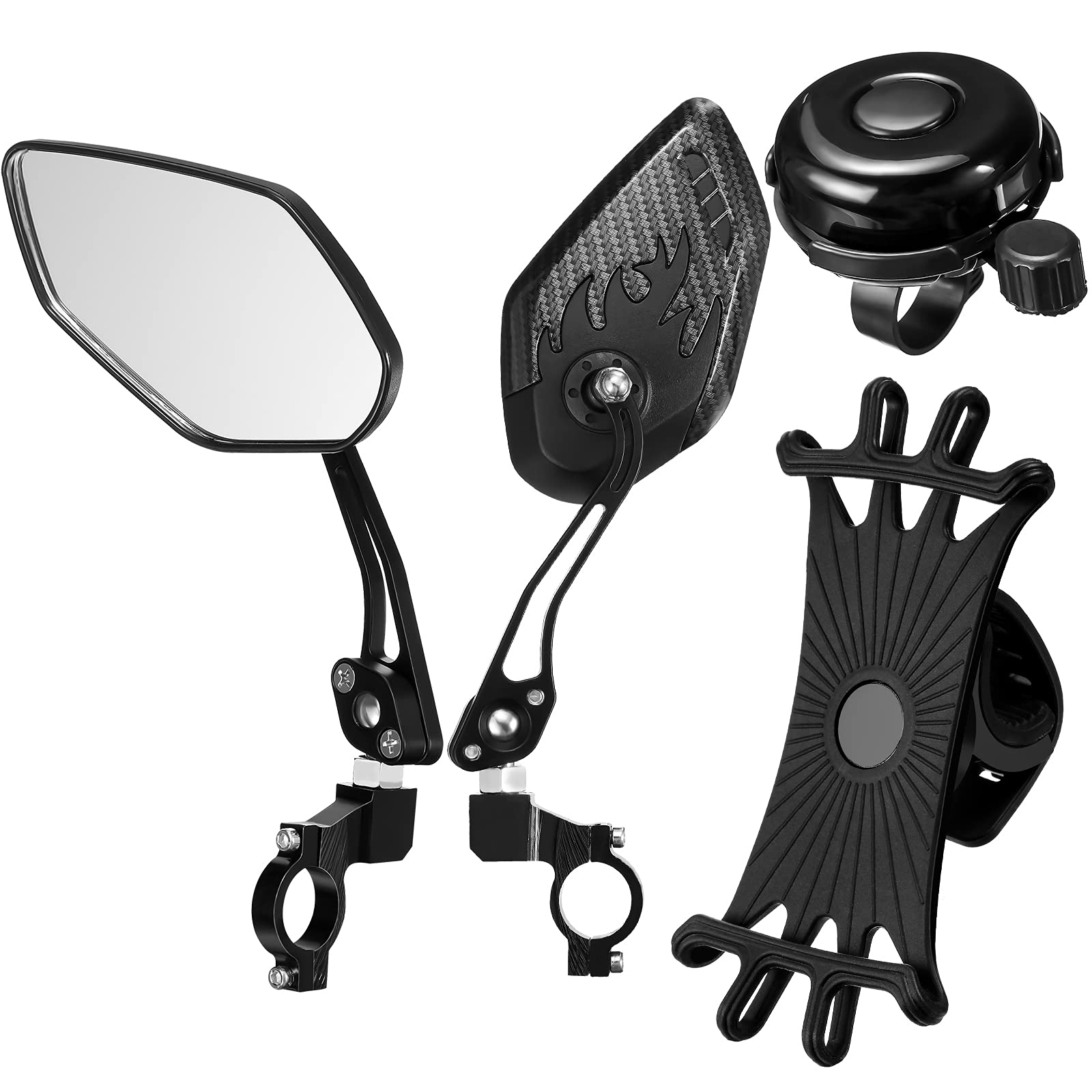 Photo 1 of 4 Pieces Bike Mirrors Set, 2 Pieces Safe Rearview Mirror Adjustable Handlebar Bicycle Mirrors with Aluminum Bike Bell Clear Sound Bike Bell, 360 Degree Rotation Silicone Phone Holder for Mountain Bike