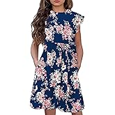 21KIDS Girl Maxi Dress Floral Short Sleeve Dresses with Pockets for Girls 6-14 Years