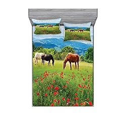 Ambesonne Horses Fitted Sheet & Pillow Sham