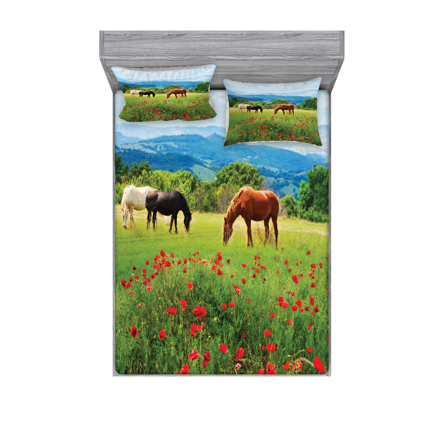 Ambesonne Horses Fitted Sheet & Pillow Sham