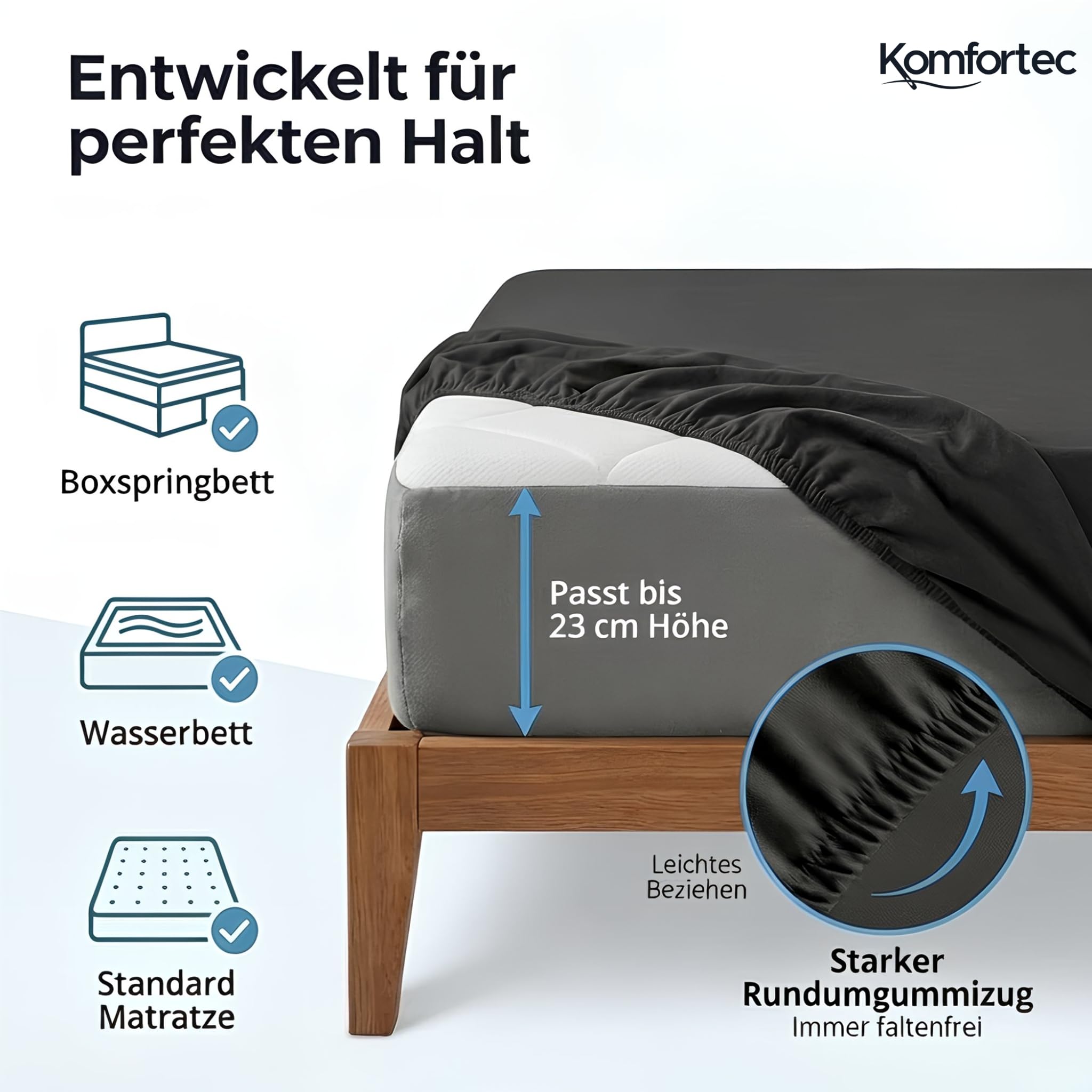 Komfortec Spannbettlaken Jersey 100% Baumwolle – 140x200 cm – 135g/m² – Weich, Atmungsaktiv & Hautfreundlich – Mit Rundumgummi – Oeko-Tex Zertifiziert – Für Boxspring, Topper & Matratzen – Anthrazit 2