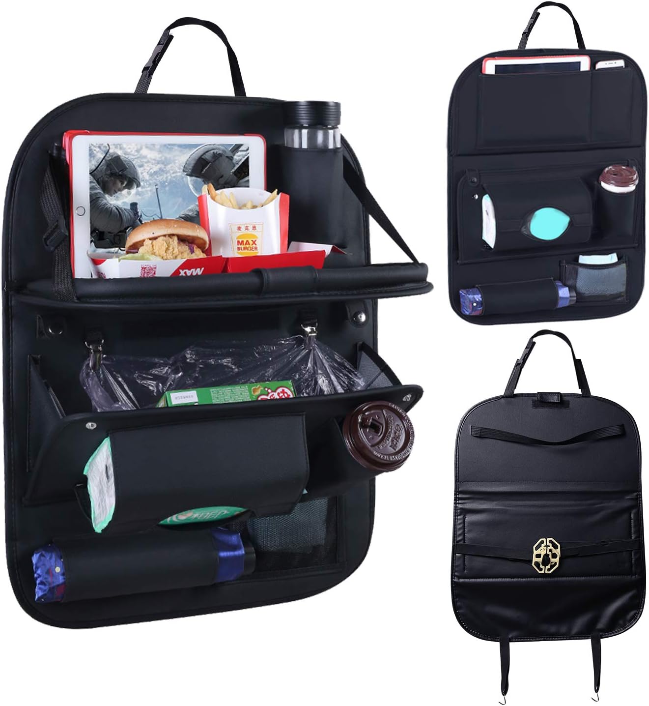 RedSwing Backseat Organizer with Tray and Tablet Holder, Pu Leather Car Seat Back Organizer with Trash Can and Tissue Box, Travel Accessories for Kids and Toddlers, Black 1 Pc