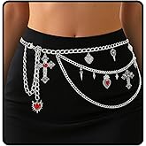 Sethexy Silver Cross Chain Belt Punk 3 Layered Waist Chain Y2k Heart Chain Belt Vintage Adjustable Body Chain Jewelry for Women