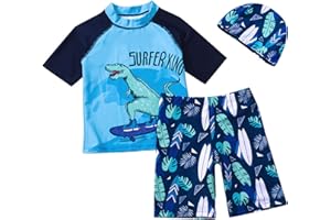 YAGATA Toddler Swimsuit Boy 3 Piece Boys Swim Set Short Sleeve Boys Swim Shirt Boy Swim Trunks Rash Guard Bathing Suits