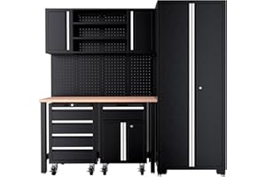 EVASTAR HOME Evastar Garage Storage Cabinet, 8-Piece Heavy Duty Steel Wall Mounted Garage Storage Systems, Garage Tools Organization Set with Locker, Drawer Roller Cabinet, Pegboard and Wooden Workbench, Black