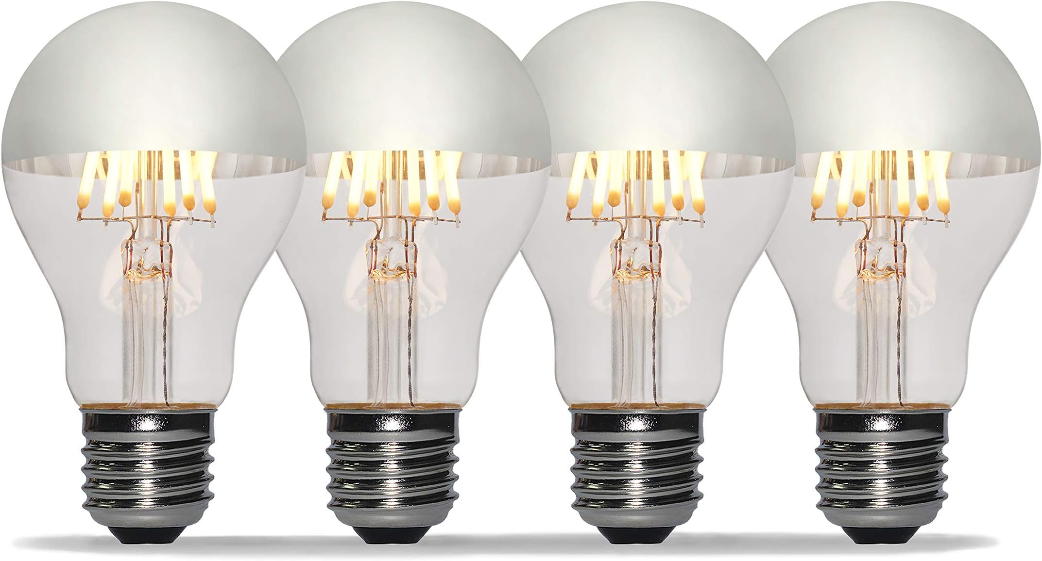 4 Pack - Modvera 60w Equivalent LED Half Chrome A19 6W Silver Bowl Globe Shape Medium (E26) Base Warm White 2700K, 630 Lumens, Dimmable LED Filament Vintage Bulbs.UL Listed RoHS Compliant