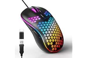 MELOGAGA Honeycomb Wired Gaming Mouse, USB/USB-C PC Game Mice with RGB Backlight, 6 Programmable Buttons, 6 Adjustable DPI Up to 7200 for Windows/PC/Mac/Laptop Gamer -Black