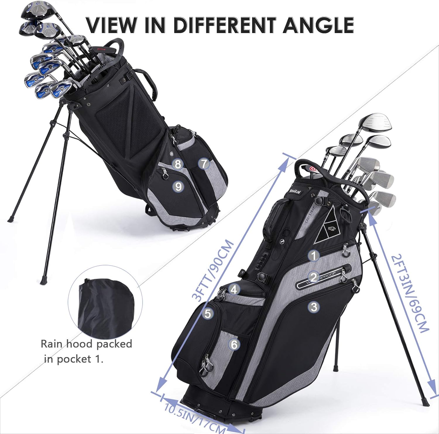 Golf Stand Bag 14 Way Top Dividers Ergonomic with Stand 8 Pockets, Dual Strap, Rain Hood : Sports & Outdoors