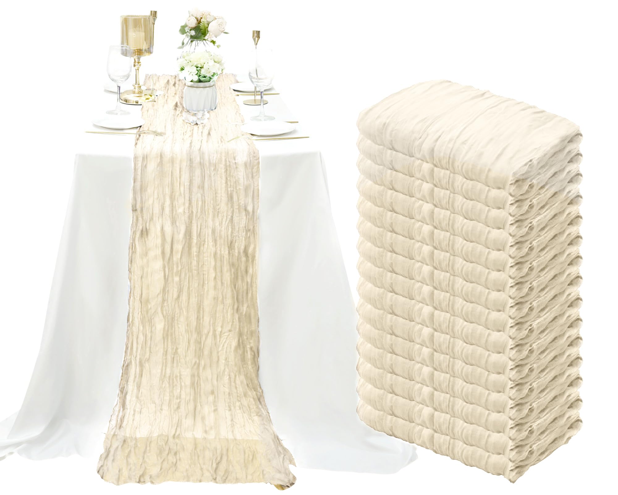 Photo 1 of 15 Pack Cheesecloth Table Runner 10Ft Gauze Cheese Cloth Table Runner 35 x120Inch Boho Table Runners for Wedding Birthday Party Bridal Shower Baby Shower Engagement Banquet Holiday Table Décor(Ivory)