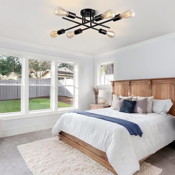 BRKNIT SPUTNIK CHANDELIERS, MODERN SEMI FLUSH MOUNT CEILING LIGHT WITH E26 BASE, MID CENTURY INDUSTRIAL KITCHEN FARMHOUSE LIGHT FIXTURES FOR BEDROOM LIVING ROOM (BLACK, CEILING 6 LIGHTS (LENGTHEN))