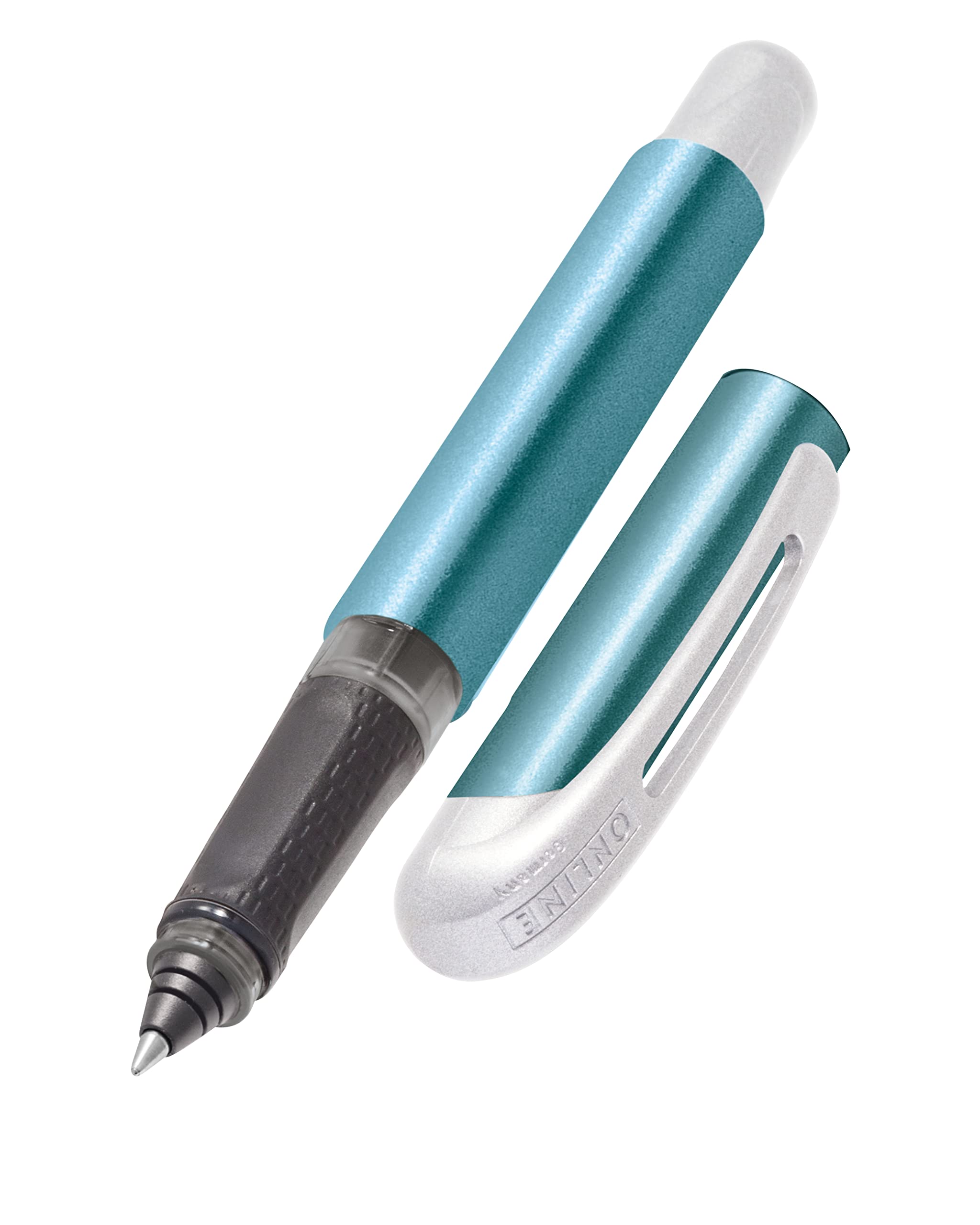 Online Ergonomic Rollerball Pen Metallic Blue for School & College, Soft Grip Part for Left and Right-handed, for Standard Ink Cartridges, Refillable, Pens for Beginners, Pupils and Students