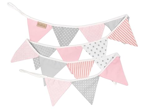 KraftKids Stoff-Wimpelkette rosa grau weiss, handgemachte Wimpel-Girlande aus Baumwolle