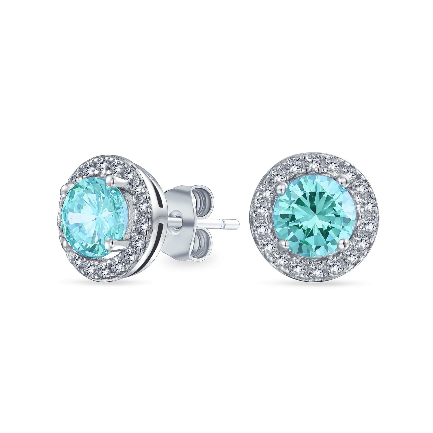 Round Solitaire Halo Aqua Blue Cubic Zirconia Simulated Aquamarine CZ Stud Earrings For Women .925 Sterling Silver 8MM — image 1