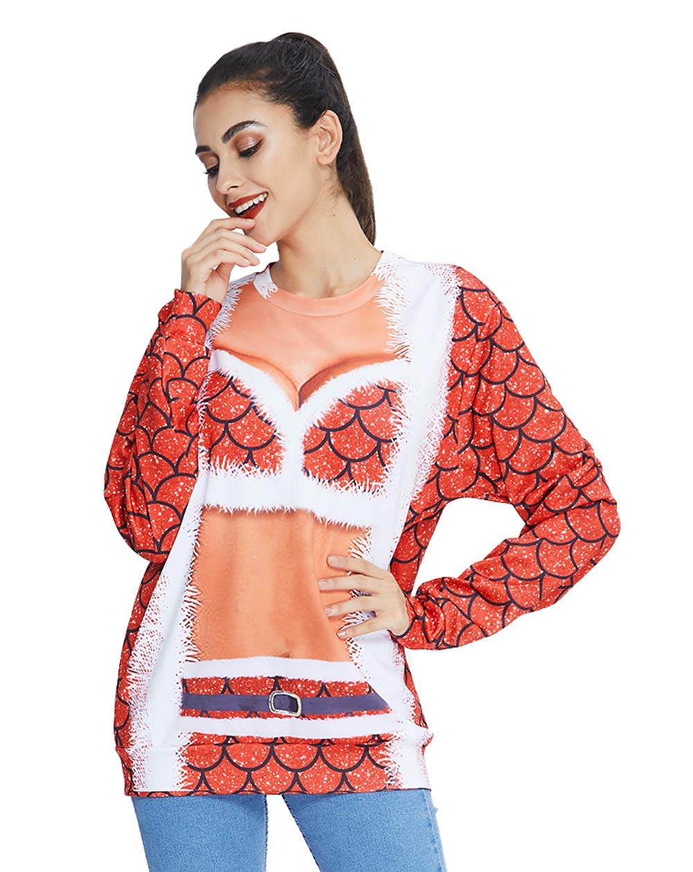 RAISEVERN 3D Fake Printed Women\'s Stylish Bikinis Pattern Xmas Crew Neck Sweater Long Sleeve Ugly Christmas Pullover for Youth Girl Ladies,Red