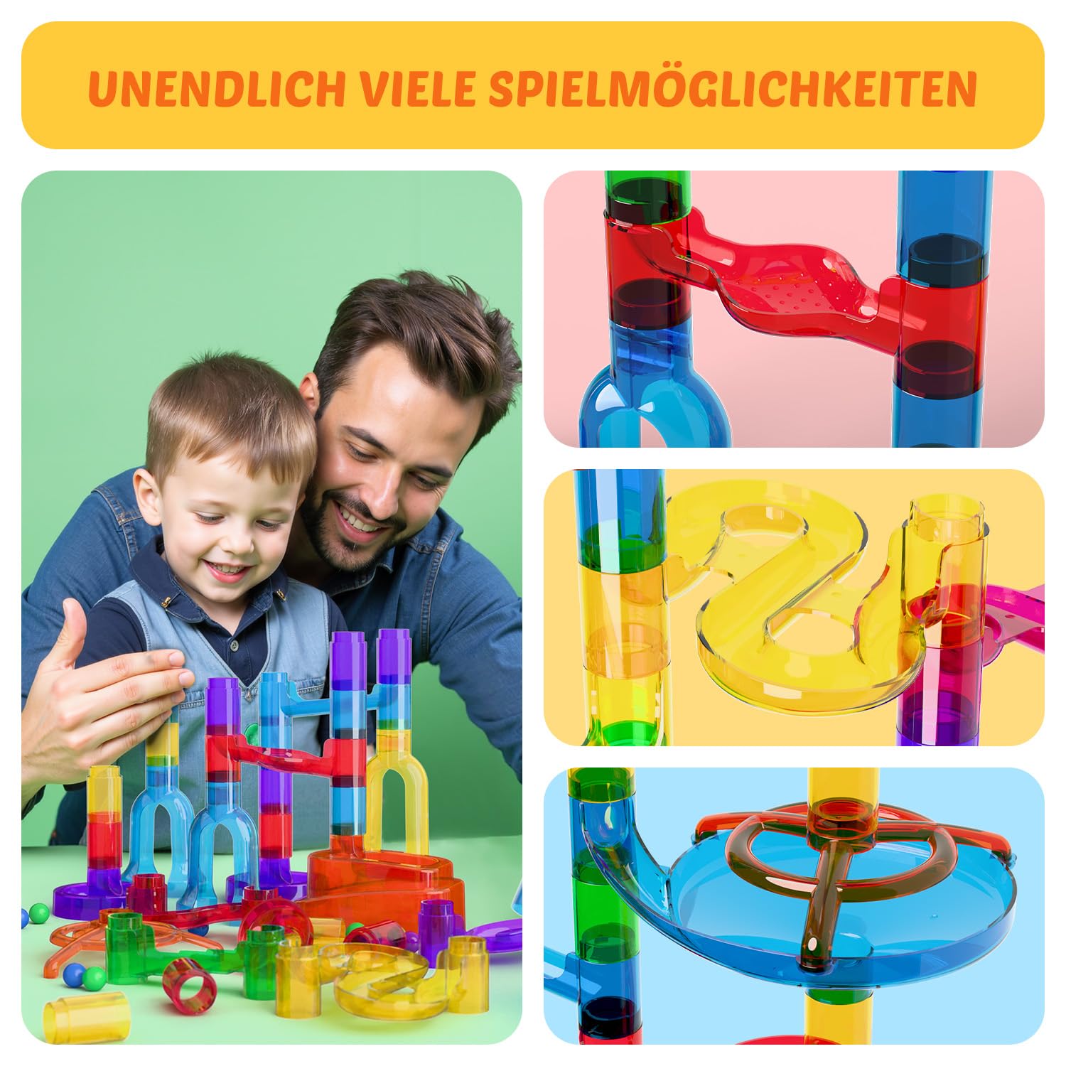 Murmelbahn Logikspiele Mehrfarbige kugelbahn 109 Stück transparent Bahnelementen und murmeln STEM Marble Rush Doppelspiel Spielzeug Geschenk für Kinder Jungen Mädchen ab 3-12 Jahre 3
