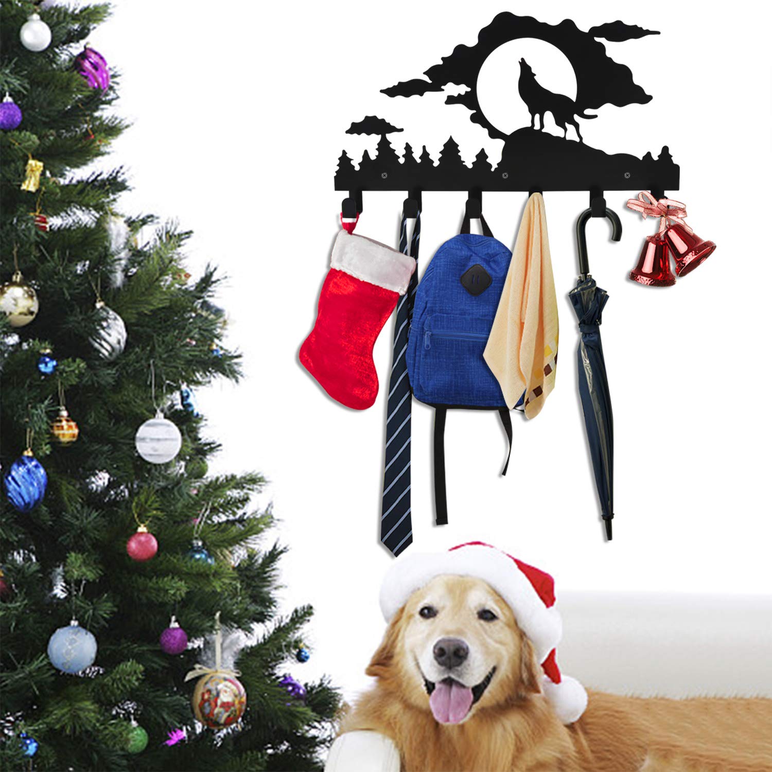 Wall Mounted Coat Rack,Kathy Metal Towel Hook Rack Moon Cloud Animal Wolf Hanger for Bathrooms Kitchen Door Hanging Key Robe Belt Bag Umbrella-6 Hooks,Black