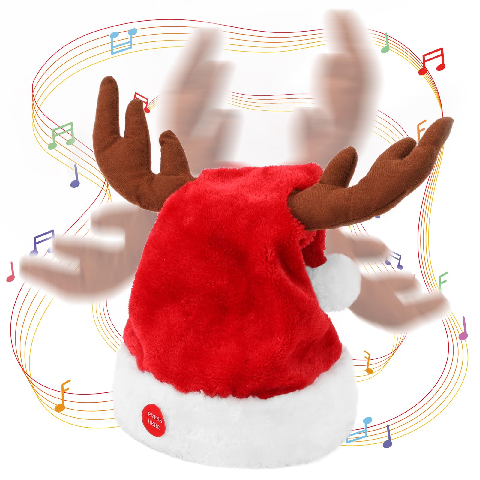 Gfilay Singing and Dancing Electric Santa Hat with Reindeer Antlers - Funny Novelty Musical Interactive Swinging Christmas Hats Waving and Singing for Adults Kids Xmas Gift