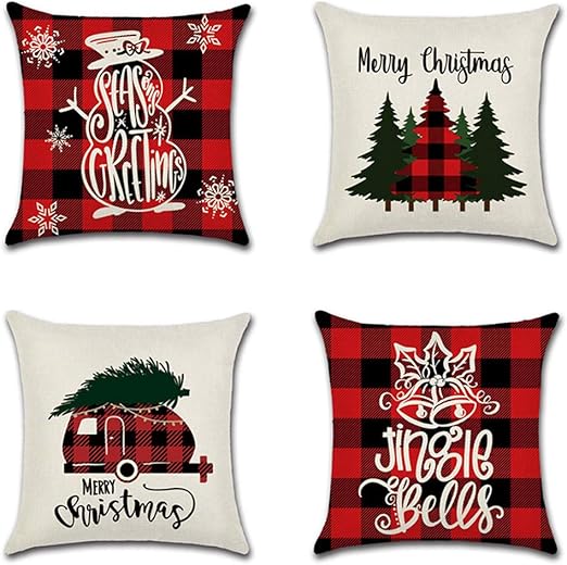 Amazon Com Pthahnil 4 Pack Farmhouse Christmas Pillow Covers 18x18 For Christmas Decor Buffalo Check Red Truck Throw Pillows Black And Red Buffalo Plaid Christmas Decorations Throw Pillow Covers Home Kitchen