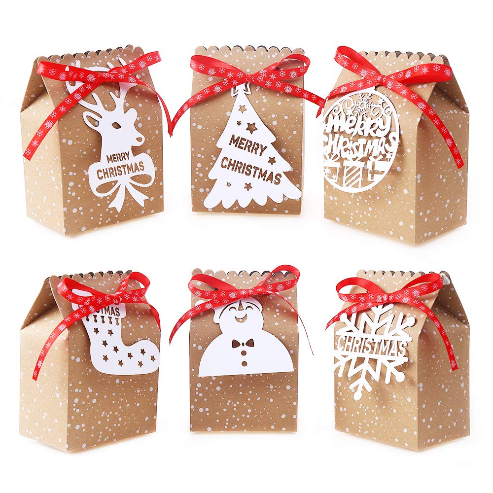 VEYLIN 24 Pack Christmas Kraft Gift Boxes for Xmas Party Decoration with 24 White Tags and Ribbon Ties (Assorted 6 Styles)