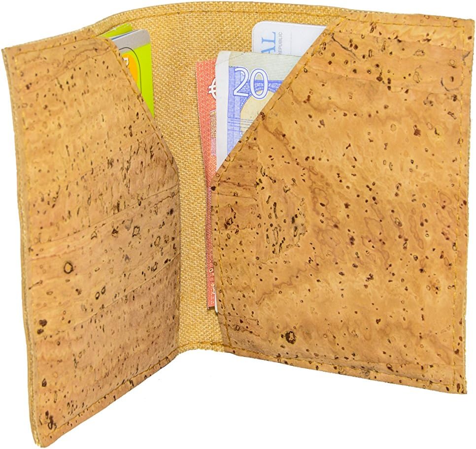 Cork Minimalist Credit Card Wallet, Auburn Lined Wood, Ultra Slim, Thinnest Skinny Style, Bifold (Natural Cork Beige)