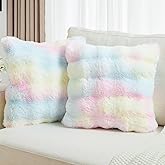FUTEI Rainbow Decorative Throw Pillow Covers 18x18 Inch Set of 2,Soft Fuzzy Faux Rabbit Fur Cushion Covers with Raised Texture,Neutral Boho Home Decor for Couch Bed Living Room