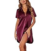 Ekouaer Satin Nightshirt for Women Button Down Nightgown Silk Short Sleeve Sleepshirt Notch Collar Sleepwear S-3XL