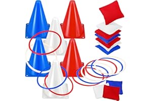 PullCrease 30 Pcs 3 in 1 Carnival Games Set 4 of July Ring Toss Games for Kids Soft Plastic Cones Bean Bags Combo Games Set for Independence Day Labor Day America Patriotic Party Family Game Supplies