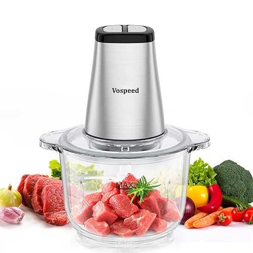 Vospeed 2L 500W Mini Chopper & Electric Food Processors, Vegetable Food Chopper with 2 Speed Settings, 4 Bi-Level Blades Meat Grinder for Meat, Vegetables, Fruits and Nuts, Sliver