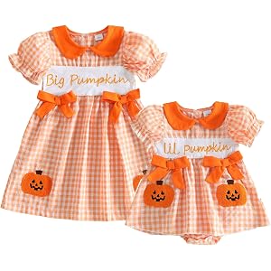 Big Little Sister Matching Outfits Summer Short Puff Sleeve Peter Pan Collar Bow Embroidery Plaid Romper/Dress