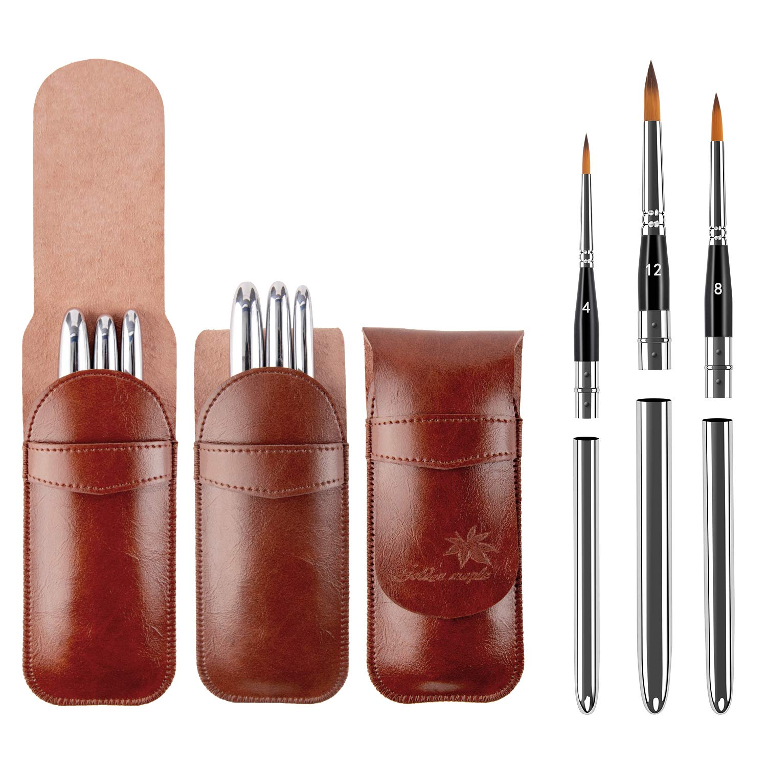 Watercolour Travel Paint Brushes Portable 3pcs Round Pointed Nylon Hair with Elegant Leatherette Carry Case for Painting On The Go,Perfect for Watercolour Fluid Acrylic Gouache Oil
