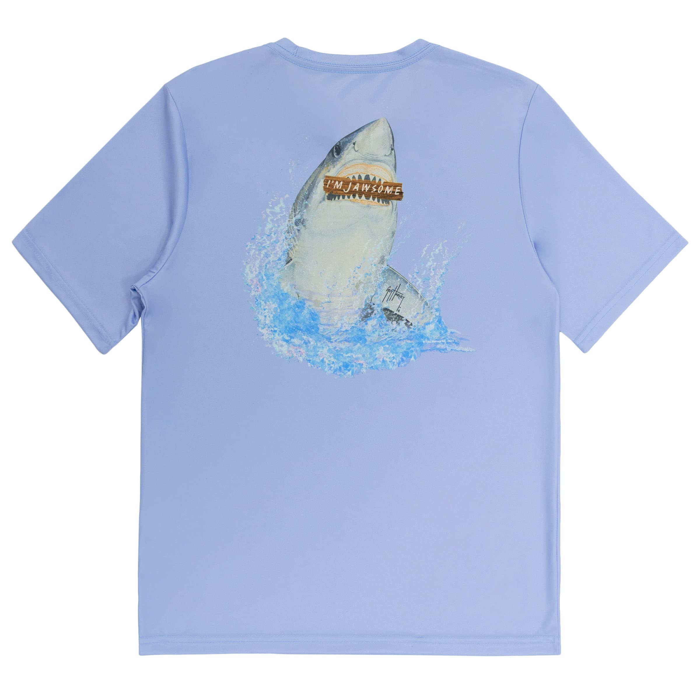 Photo 1 of Guy Harvey Boy's Short Sleeve Performance Shirt with 30+ UPF Sun Protection, Powder Blue/Jawsome, X-Large