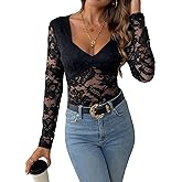 SweatyRocks Women's Sheer Floral Lace V Neck Bodysuit Long Sleeve Slim Fit Jumpsuits