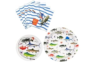 WERNNSAI Fishing Party Supplies - 48PCS Ocean Birthday Party Decorations Fish Plates Napkins Tablmeware Set for Boys Men Fish