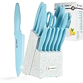 KATISUN Kitchen Knife Set with Block, 14 Piece BLUE Non-Stick Paint Coating Stainless Steel Knives Set, Anti-Rust and Dishwasher Safe, 12 Knives with Kitchen Shears and Block