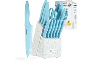 KATISUN Kitchen Knife Set with Block, 14 Piece Blue Non-Stick Coated Stainless Steel Knives Set, Anti-Rust and Dishwasher Saf