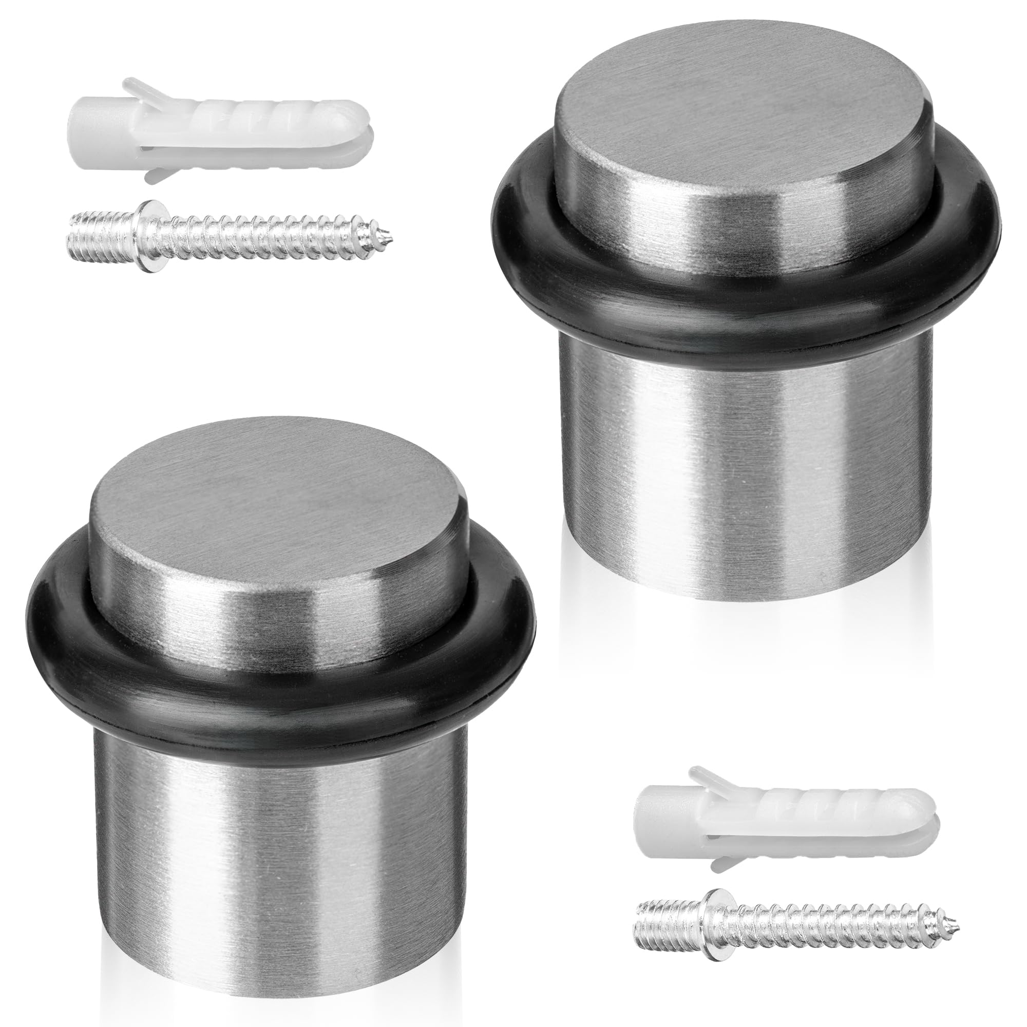 ECENCE Door Stoppers for Floor 2 Pieces, Door Stop Ø0.79x0.98inch (Ø20x25mm) Wall Protector, Solid Stainless Steel Floor Mount with Screws and Dowels Brushed