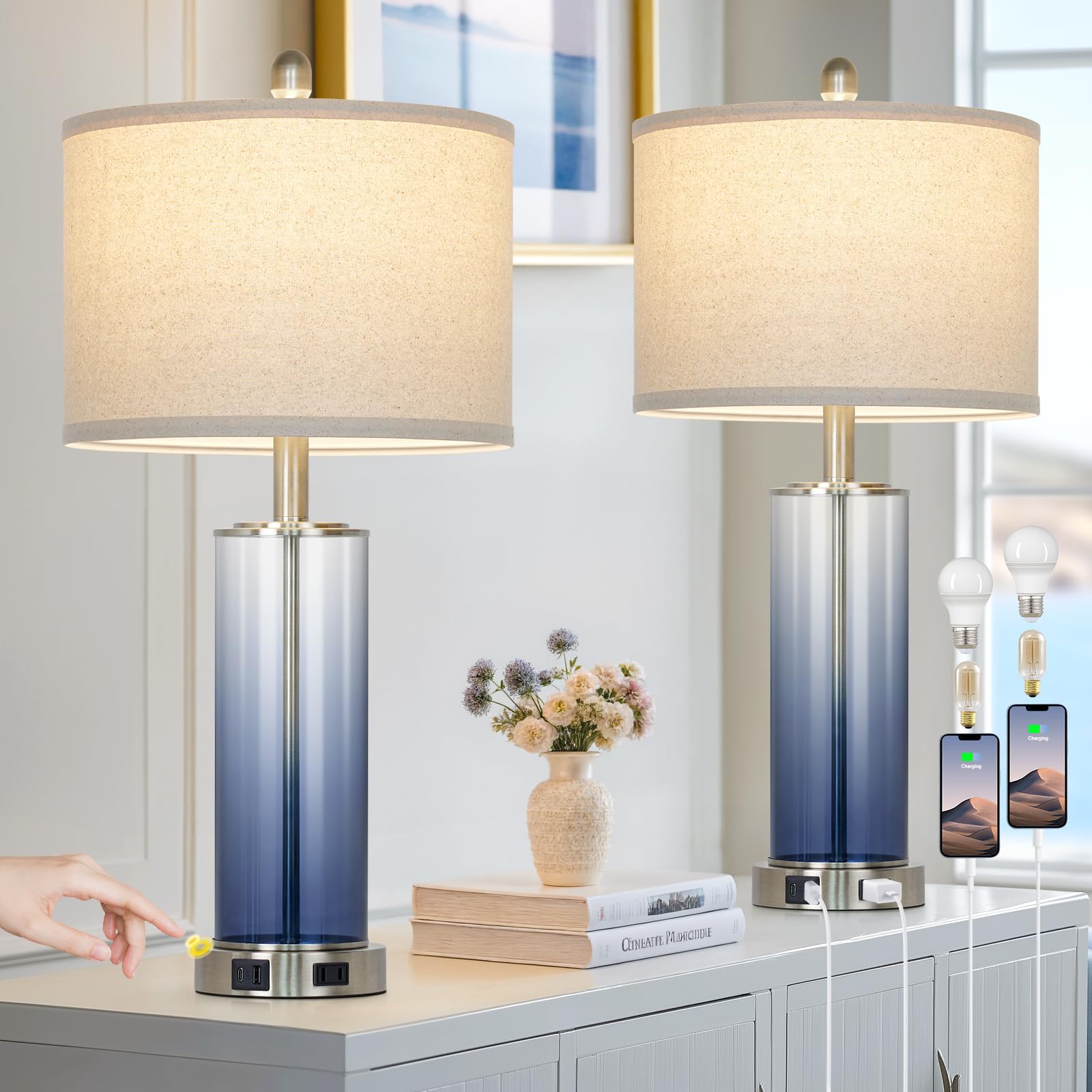 View 1 of 26" Coastal Blue Glass Table Lamps Set of 2, 3-Way Dimmable Touch Control Bedroom Lamp with USB C+A Ports & AC Outlet, Elegant Living Room Lamp, Nautical Bedside Lamps for Nightstand Side End Table