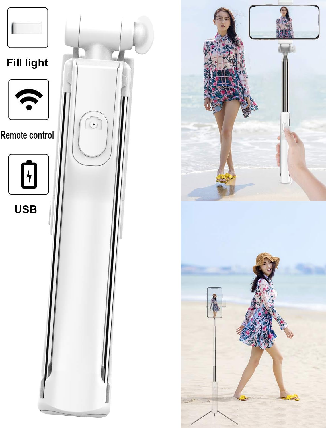 Selfie Stick Tripod Extendable Selfie Stick with Detachable Wireless Remote Shutter Travel Video Tripod Stand Cell Phone Mount Holder and Fill Light Compatible with Smart Phone Android (White)