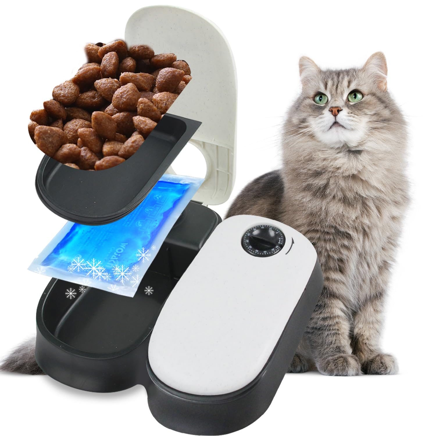 Pawise Automatic Cat & Dog Feeder with Ice Pack, 2-Meal Pet Wet & Dry Food Dispenser with 48-Hour Timer