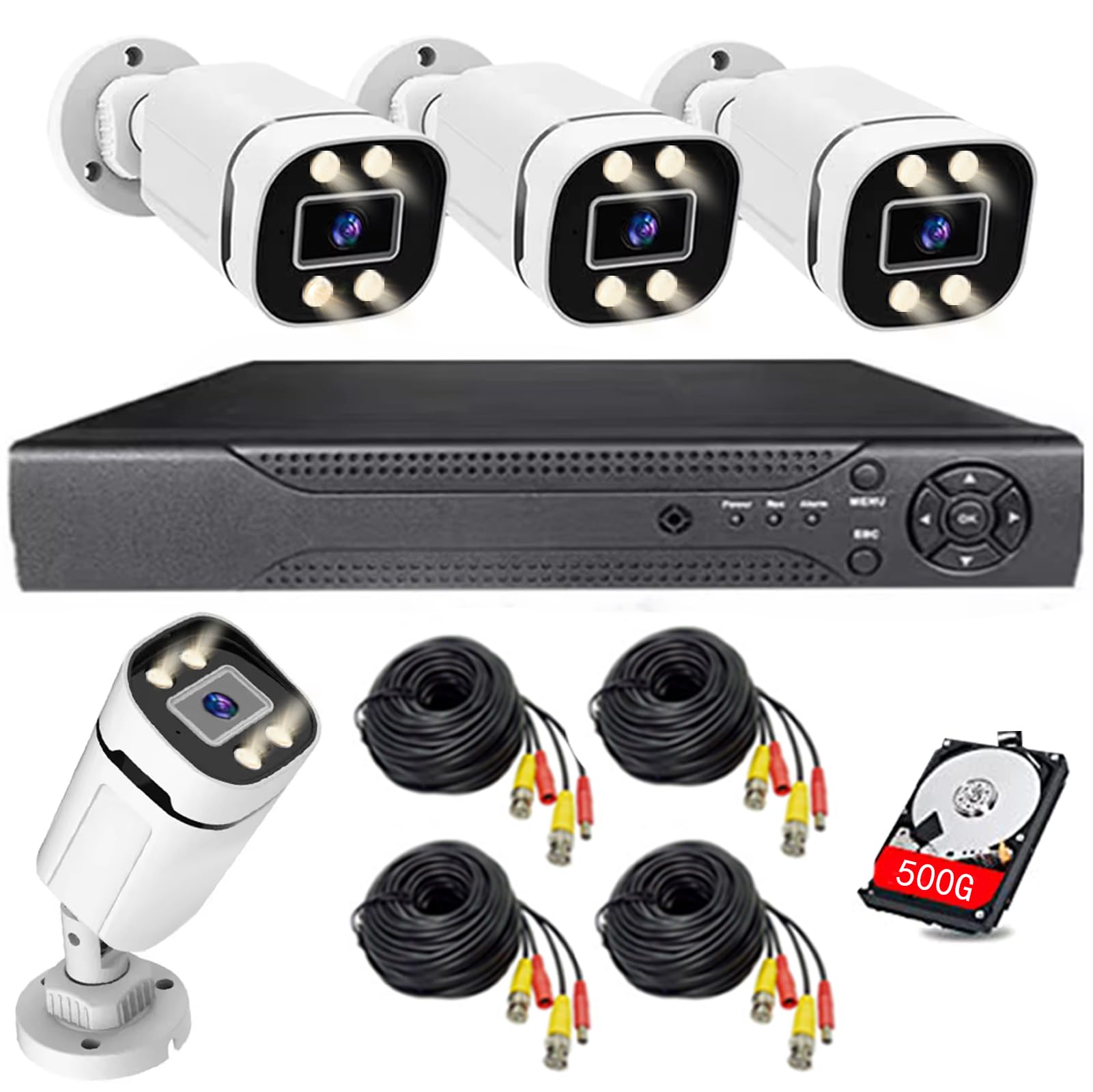 Photo 1 of Home Security System 4Ch DVR Kits with 4pcs 1080P Waterproof Bullet Analog AHD TVI CVI Camera 3MP Lens Color Night Vision Outdoor Surveillance Wired CCTV Set (Include 500GB HDD) 24/7 Recording