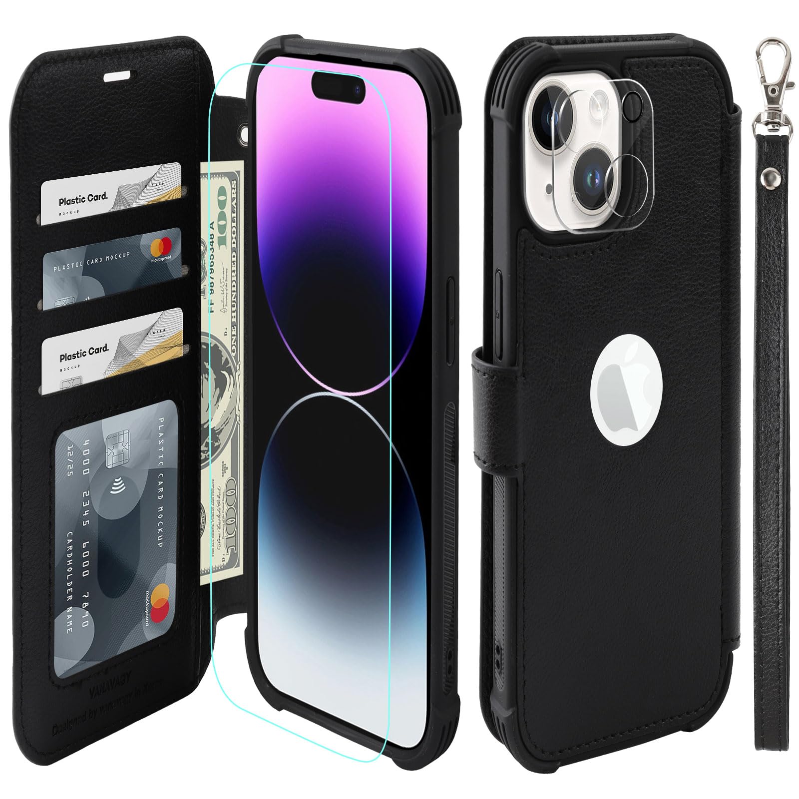 VANAVAGY Compatible for iPhone 15 Wallet Case, 12ft Drop Protection, RFID Blocking PU Leather Flip Cover, Card Holder & Kickstand, Shockproof Phone Case for 15-6.1 Inch,Black — image 1